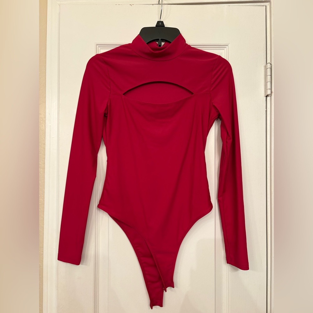 SHEIN Red Long Sleeve Cutout Bodysuit
